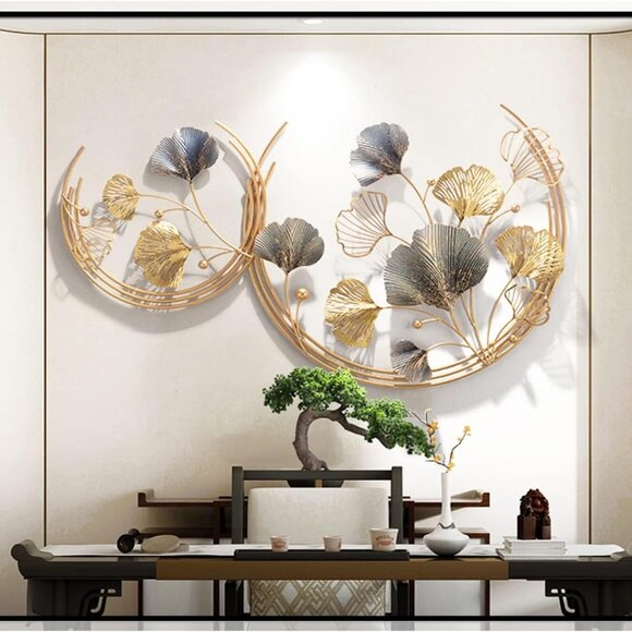 Elegant 3D Ginkgo Leaf Wall Sculpture - Gold Metal Art for Living Spaces 43.3